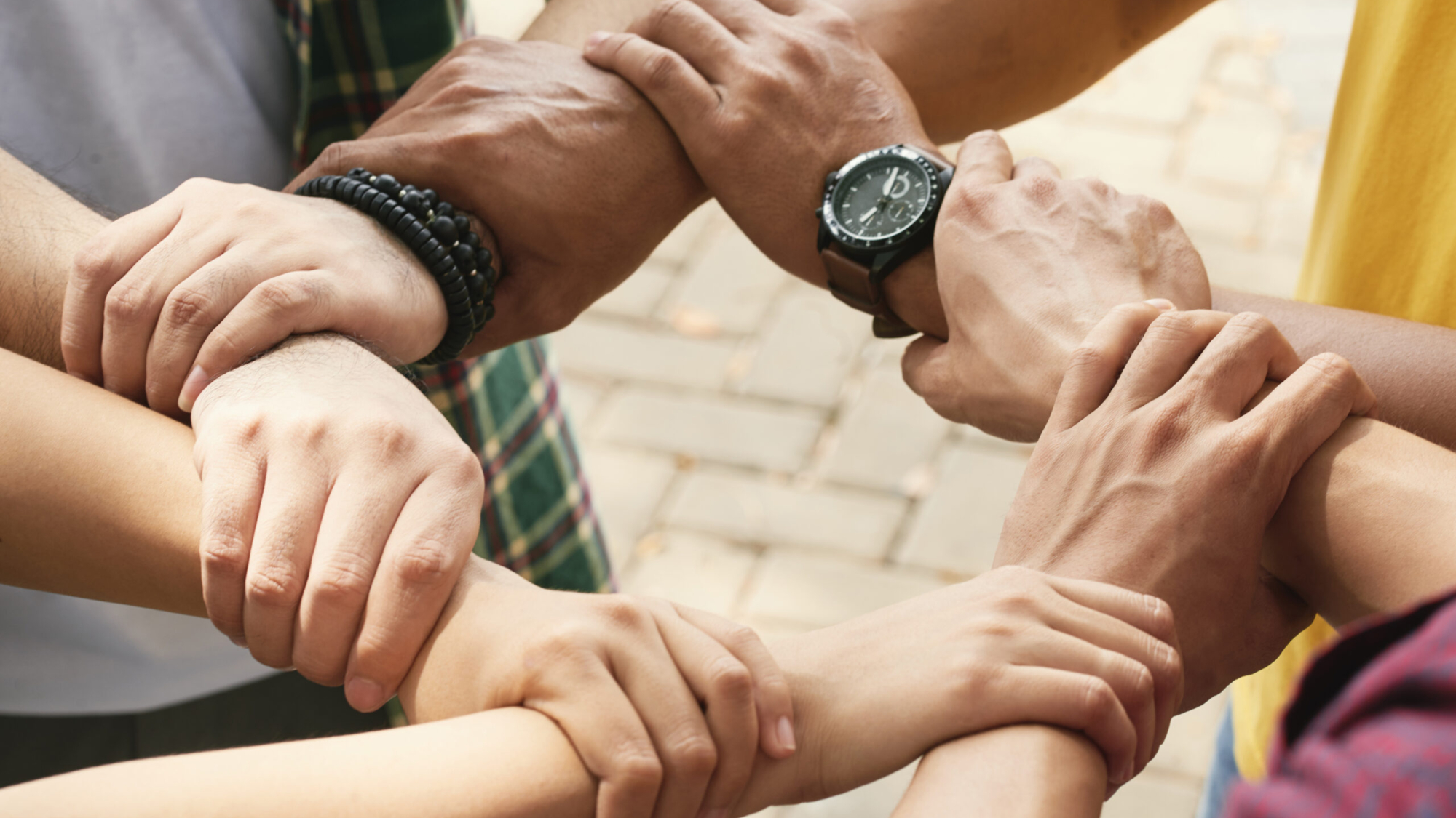 Close-up image of people holding each others wrists